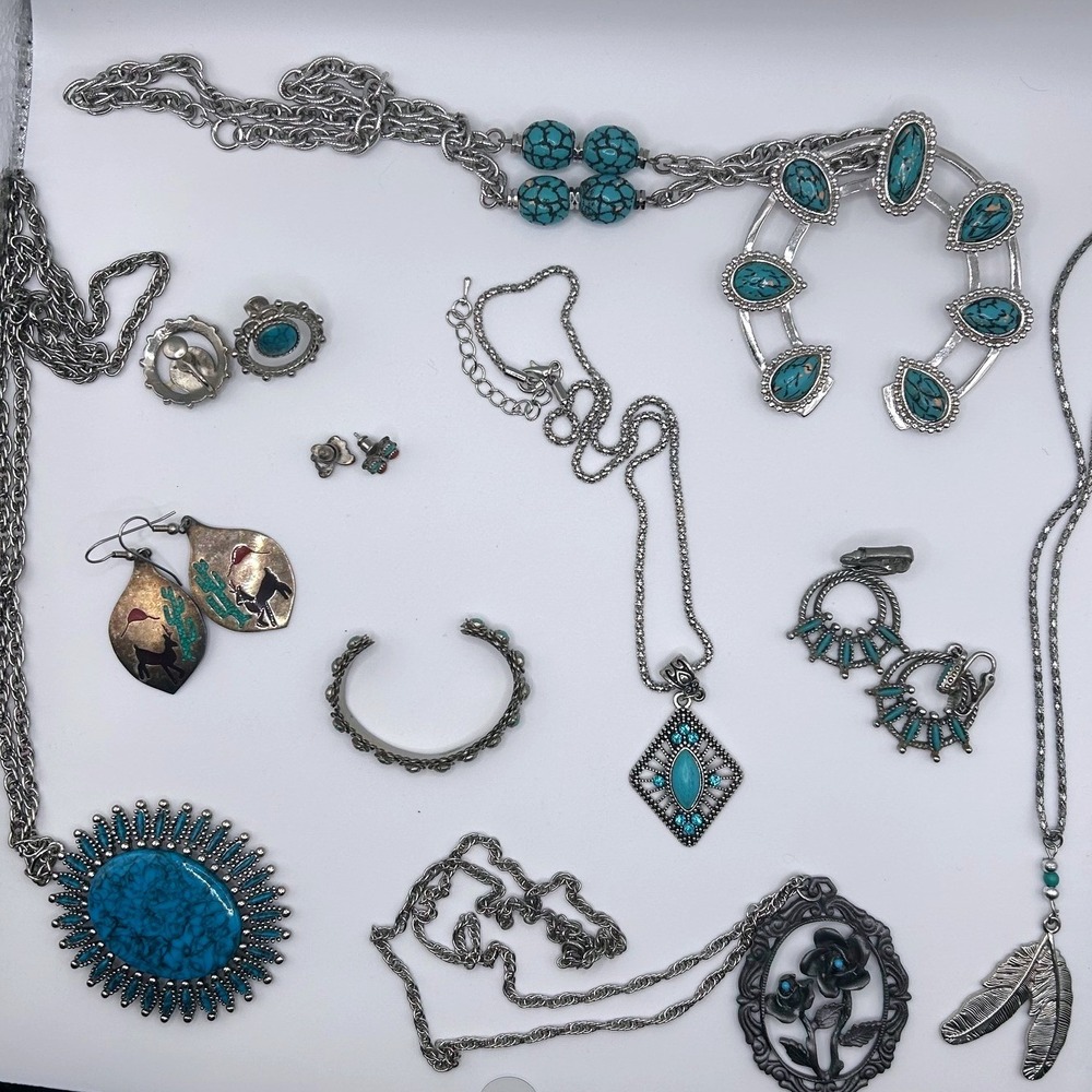 Fun Costume Southwestern Turquoise Style Jewelry Lot Silver Tone Boho Baby Cuff